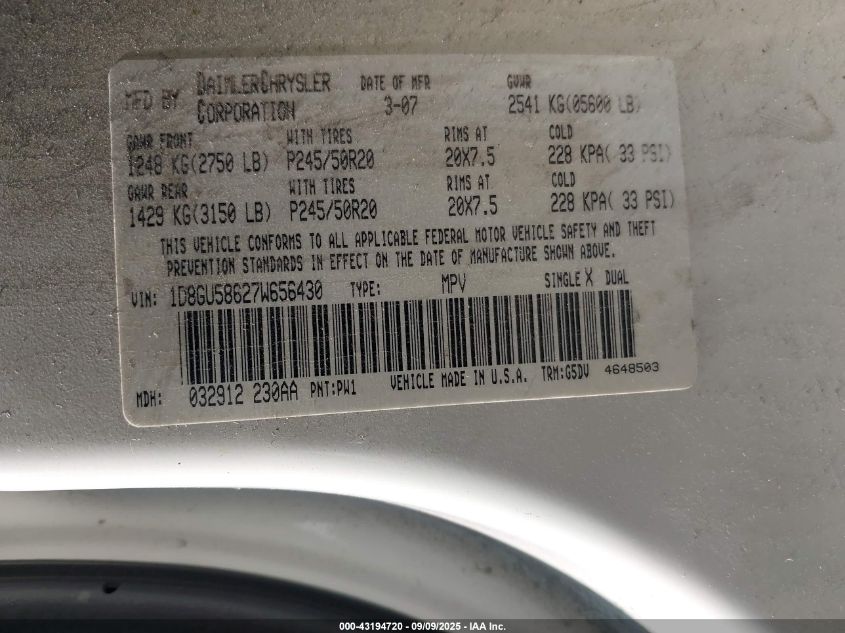 2007 Dodge Nitro Slt/Rt VIN: 1D8GU58627W656430 Lot: 43194720