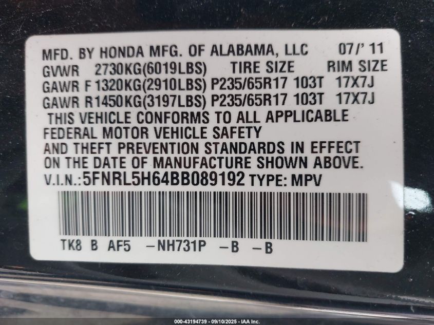 2011 Honda Odyssey Ex-L VIN: 5FNRL5H64BB089192 Lot: 43194739