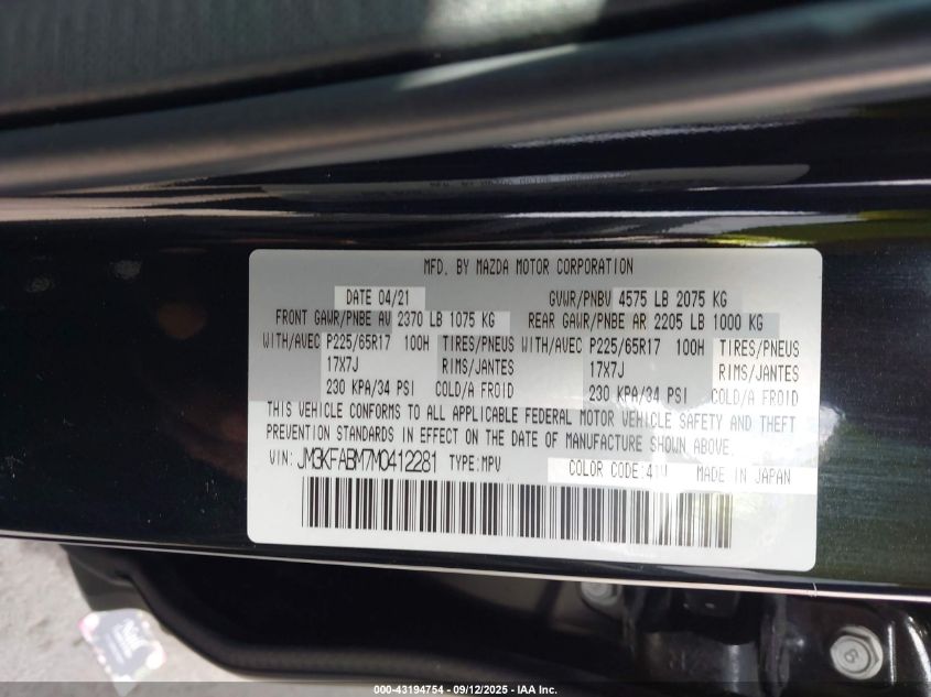 2021 Mazda Cx-5 Sport VIN: JM3KFABM7M0412281 Lot: 43194754