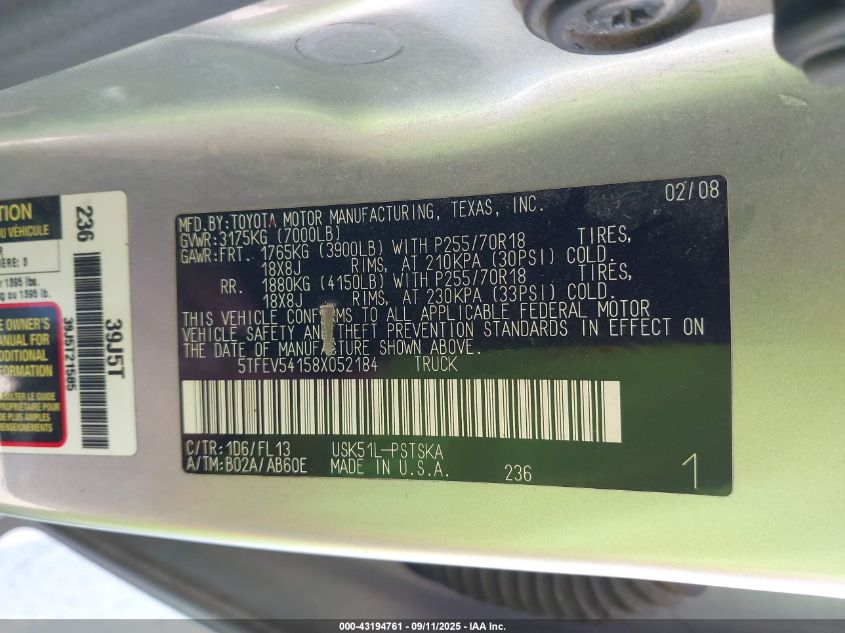 2008 Toyota Tundra Sr5 5.7L V8 VIN: 5TFEV54158X052184 Lot: 43194761