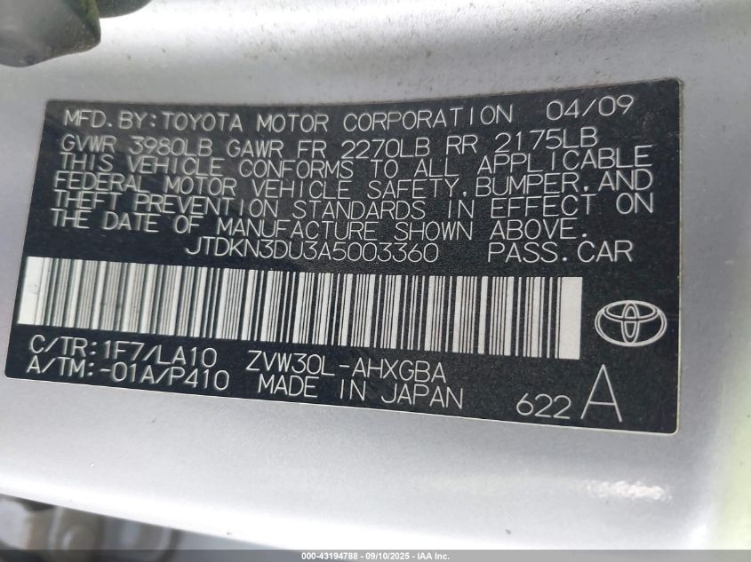 2010 Toyota Prius Iv VIN: JTDKN3DU3A5003360 Lot: 43194788