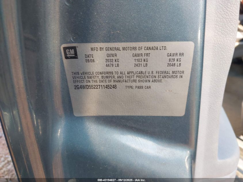2007 Buick Lacrosse Cxl VIN: 2G4WD552271145248 Lot: 43194827