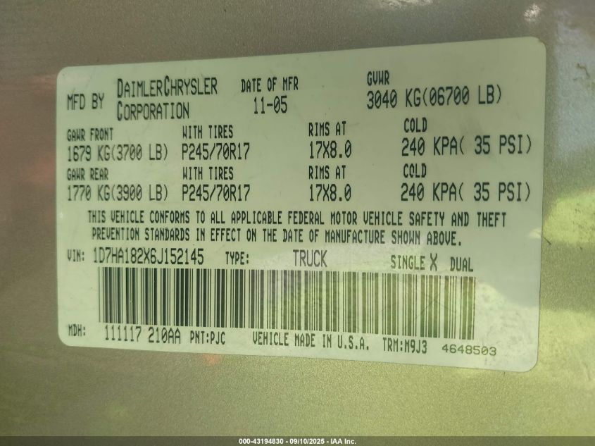 2006 Dodge Ram 1500 Slt VIN: 1D7HA182X6J152145 Lot: 43194830