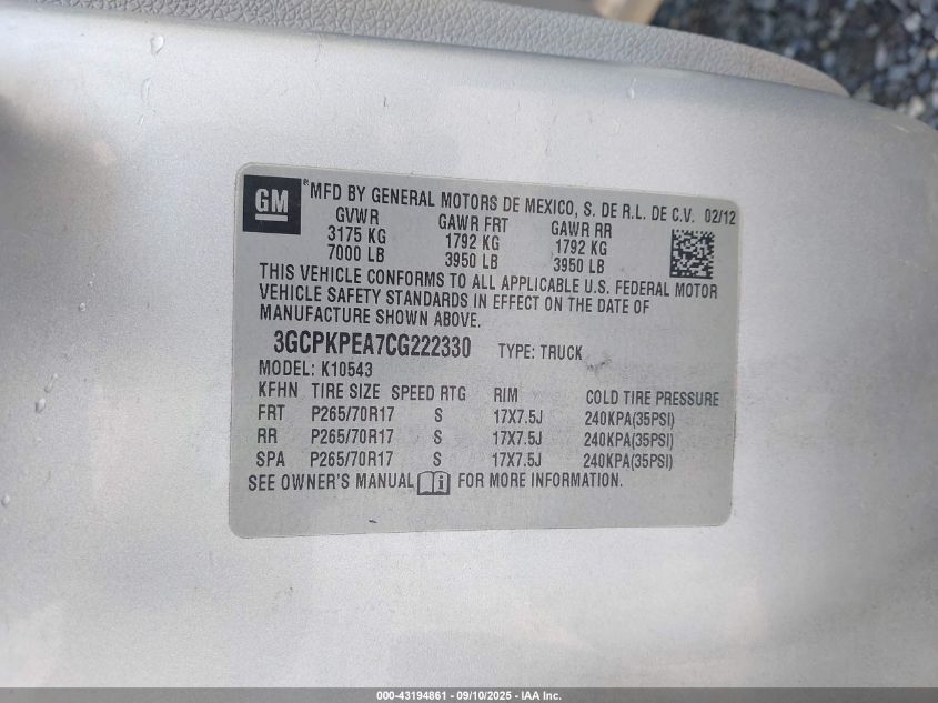 2012 Chevrolet Silverado 1500 Work Truck VIN: 3GCPKPEA7CG222330 Lot: 43194861