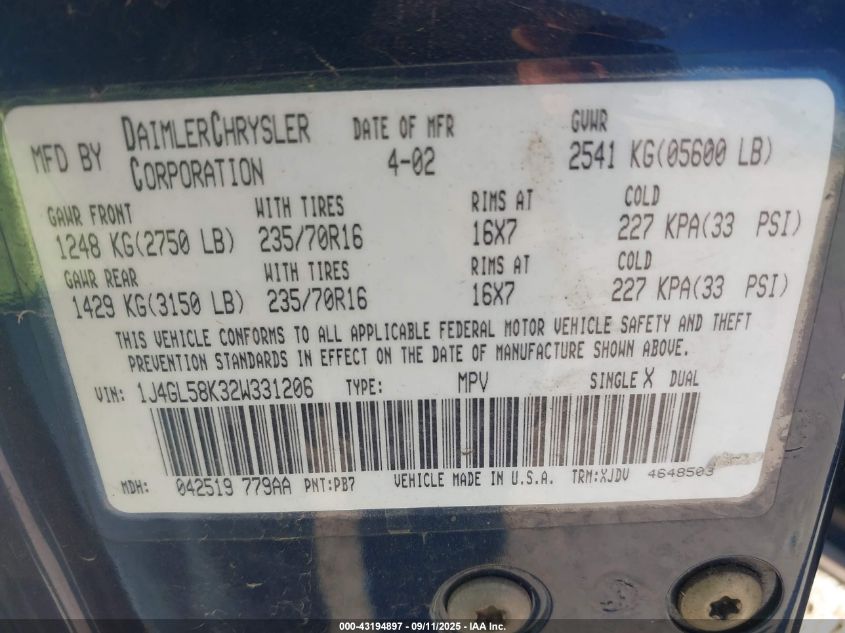 2002 Jeep Liberty Limited Edition VIN: 1J4GL58K32W331206 Lot: 43194897