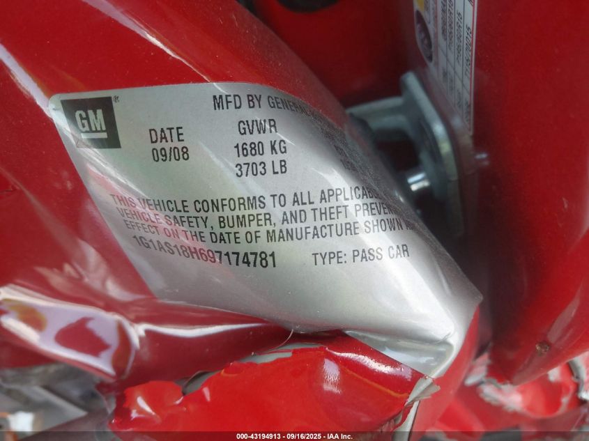 2009 Chevrolet Cobalt Ls VIN: 1G1AS18H697174781 Lot: 43194913