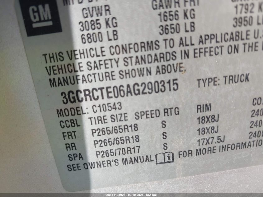 2010 Chevrolet Silverado 1500 Ltz VIN: 3GCRCTE06AG290315 Lot: 43194926