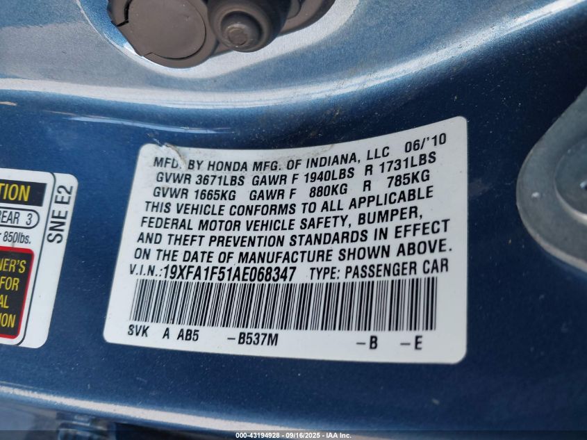2010 Honda Civic Lx VIN: 19XFA1F51AE068347 Lot: 43194928