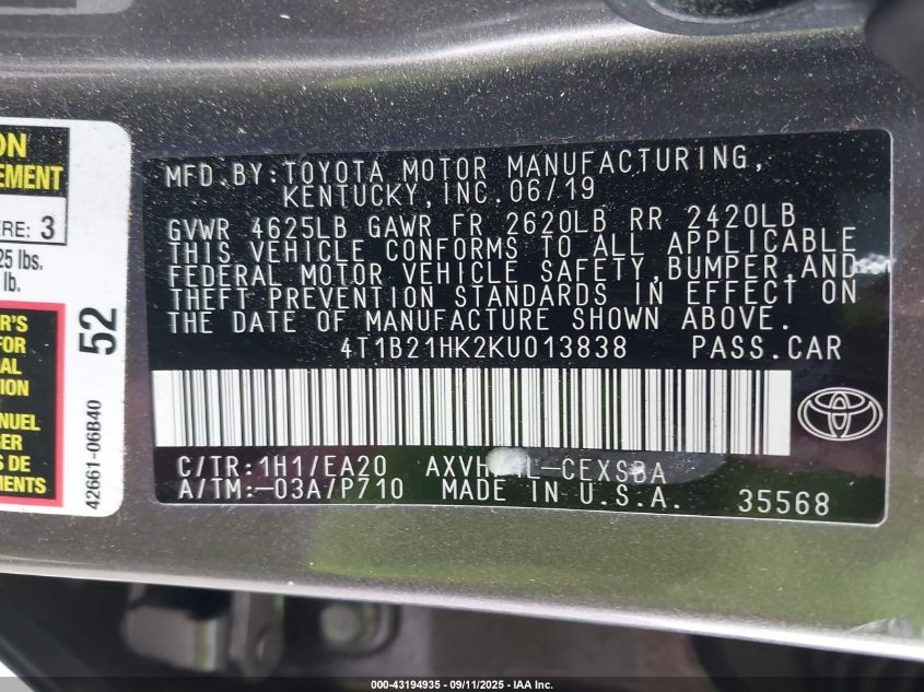 2019 Toyota Camry Hybrid Se VIN: 4T1B21HK2KU013838 Lot: 43194935