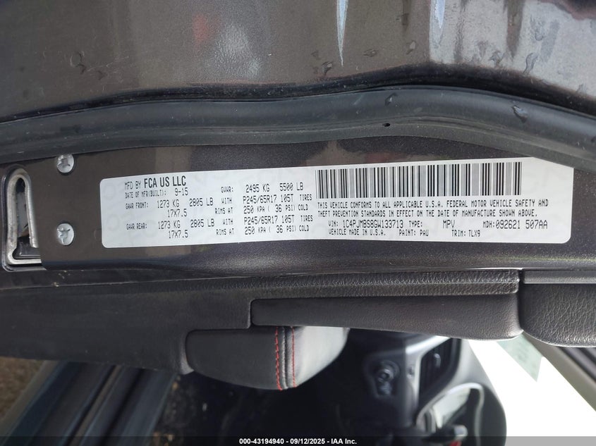 2016 Jeep Cherokee Trailhawk VIN: 1C4PJMBS8GW133713 Lot: 43194940