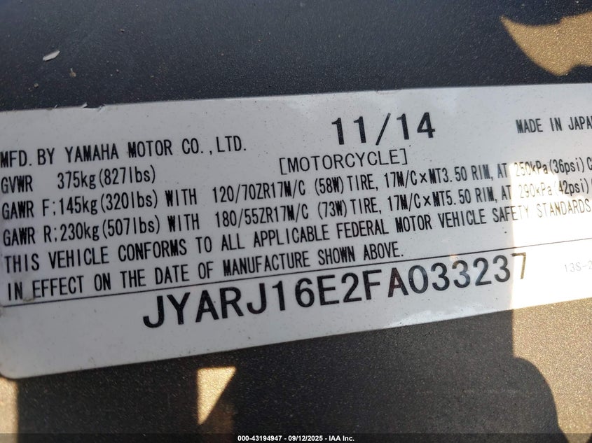 2015 Yamaha Yzfr6 VIN: JYARJ16E2FA033237 Lot: 43194947