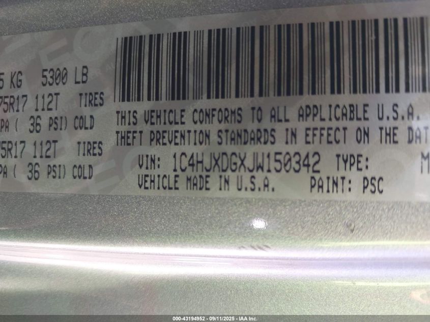 2018 Jeep Wrangler Unlimited Sport 4X4 VIN: 1C4HJXDGXJW150342 Lot: 43194952