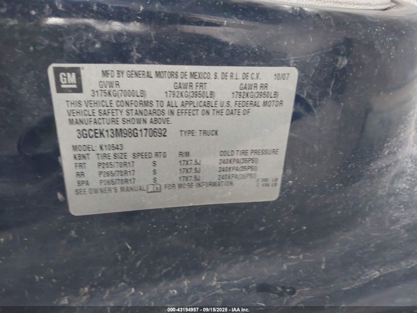 2008 Chevrolet Silverado 1500 Lt1 VIN: 3GCEK13M98G170692 Lot: 43194957