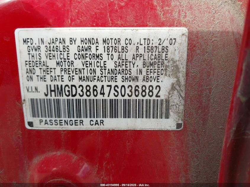 2007 Honda Fit S VIN: JHMGD38647S036882 Lot: 43194995
