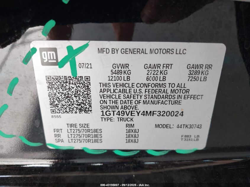 2021 GMC Sierra 3500Hd 4Wd Standard Bed At4 VIN: 1GT49VEY4MF320024 Lot: 43195007