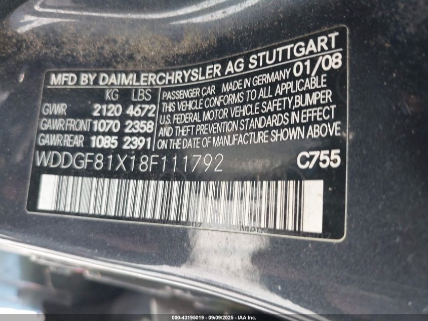 2008 Mercedes-Benz C 300 Luxury 4Matic/Sport 4Matic VIN: WDDGF81X18F111792 Lot: 43195019