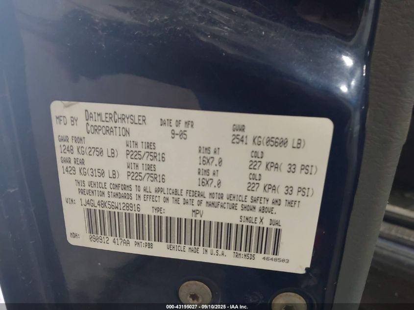 2006 Jeep Liberty Sport VIN: 1J4GL48K56W128916 Lot: 43195027