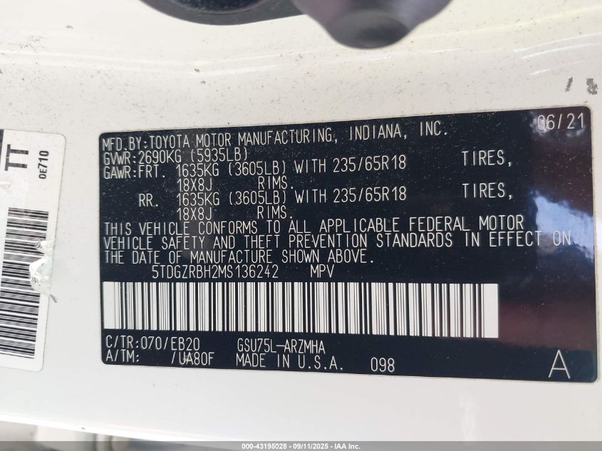 2021 Toyota Highlander Xle VIN: 5TDGZRBH2MS136242 Lot: 43195028