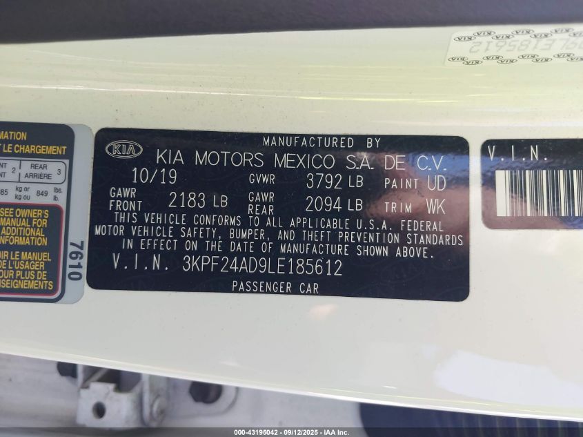 2020 Kia Forte Lxs VIN: 3KPF24AD9LE185612 Lot: 43195042