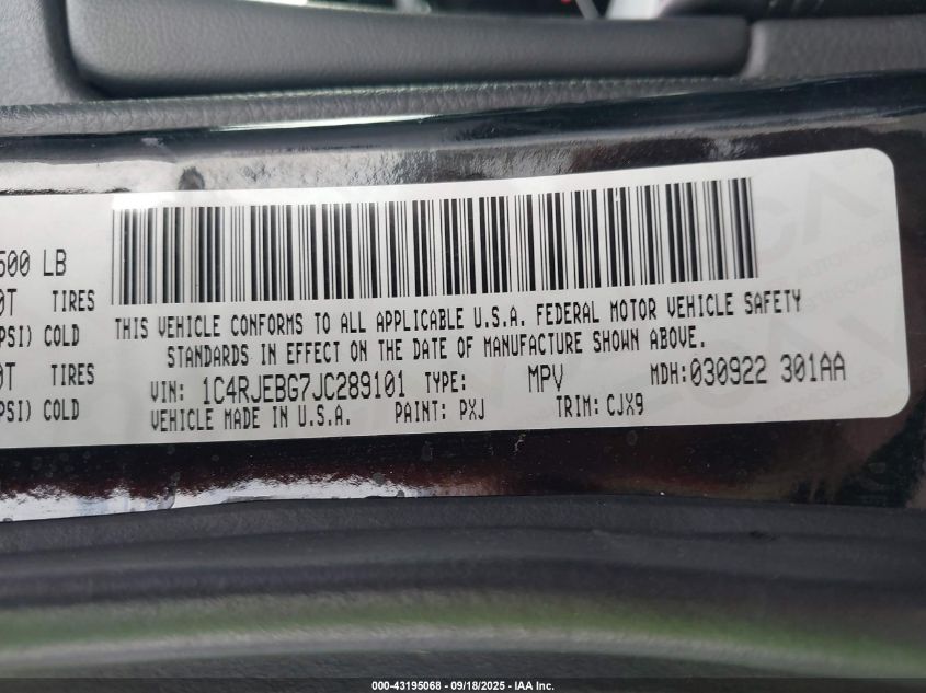 2018 Jeep Grand Cherokee Limited 4X2 VIN: 1C4RJEBG7JC289101 Lot: 43195068