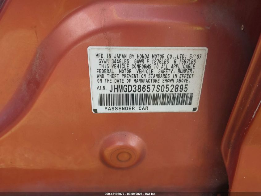 2007 Honda Fit Sport VIN: JHMGD38657S052895 Lot: 43195077