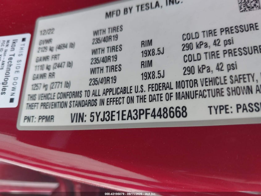 2023 Tesla Model 3 Rear-Wheel Drive VIN: 5YJ3E1EA3PF448668 Lot: 43195079