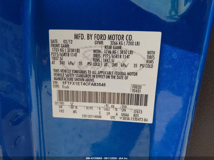 2012 Ford F-150 Xlt VIN: 1FTFX1ET4CFA83545 Lot: 43195085