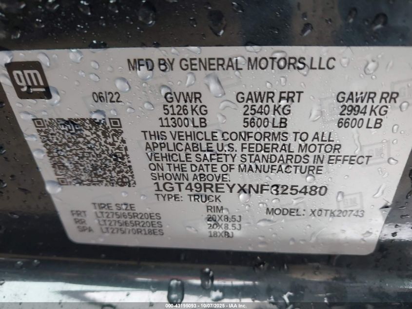 2022 GMC Sierra 2500Hd 4Wd Standard Bed Denali VIN: 1GT49REYXNF325480 Lot: 43195093