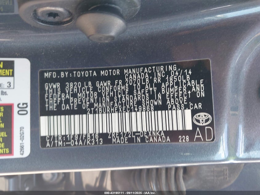 2014 Toyota Corolla Le VIN: 2T1BURHEXEC149868 Lot: 43195111