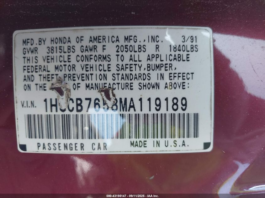 1991 Honda Accord Lx/Ex VIN: 1HGCB7658MA119189 Lot: 43195147