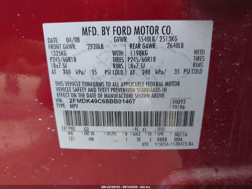 2008 Ford Edge Limited VIN: 2FMDK49C68BB01467 Lot: 43195193