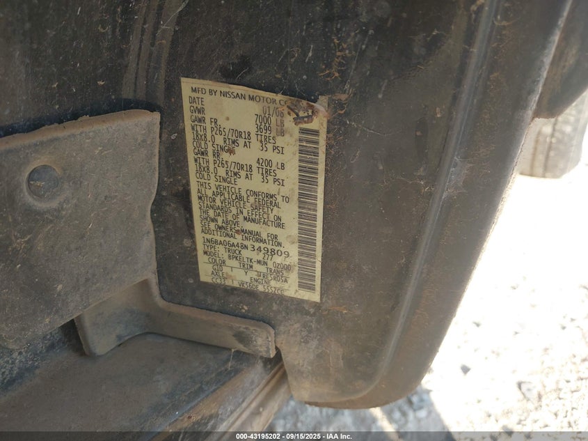 2008 Nissan Titan Le/Se/Xe VIN: 1N6BA06A48N349809 Lot: 43195202