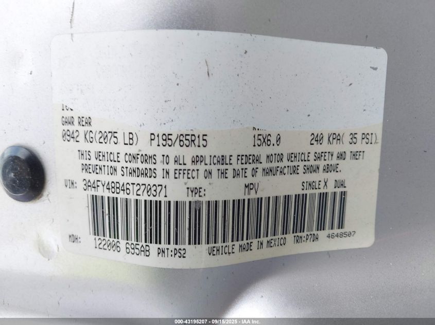 2006 Chrysler Pt Cruiser VIN: 3A4FY48B46T270371 Lot: 43195207