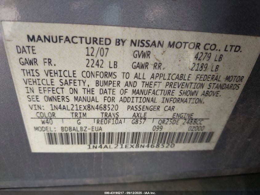 2008 Nissan Altima 2.5 S VIN: 1N4AL21EX8N468520 Lot: 43195217