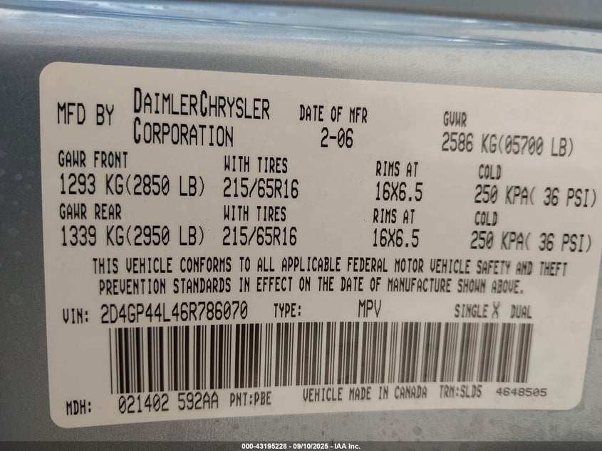 2006 Dodge Grand Caravan Sxt VIN: 2D4GP44L46R786070 Lot: 43195228