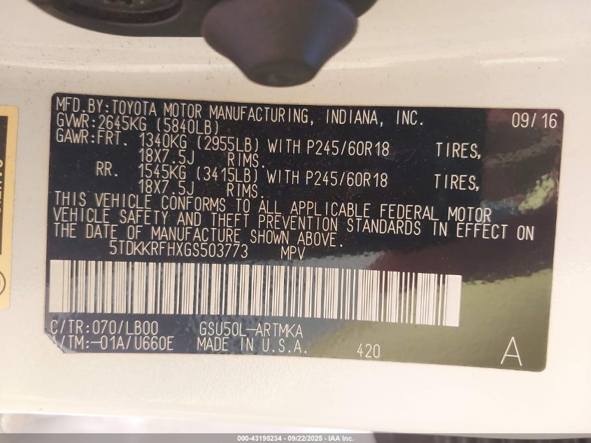 2016 Toyota Highlander Xle V6 VIN: 5TDKKRFHXGS503773 Lot: 43195234