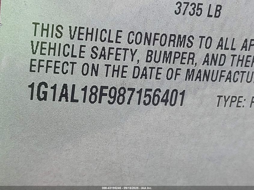 2008 Chevrolet Cobalt Lt VIN: 1G1AL18F987156401 Lot: 43195246