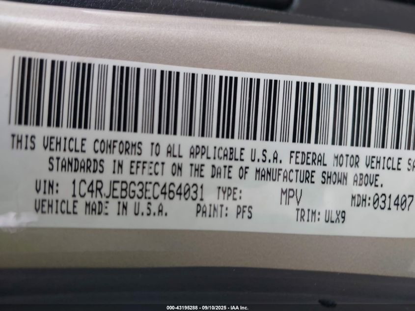 2014 Jeep Grand Cherokee Limited VIN: 1C4RJEBG3EC464031 Lot: 43195288