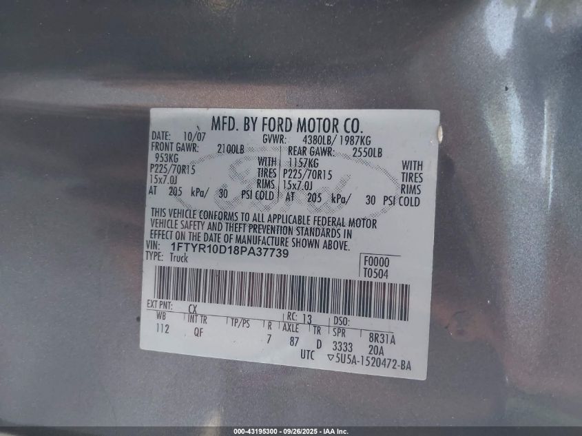 2008 Ford Ranger Xl/Xlt VIN: 1FTYR10D18PA37739 Lot: 43195300