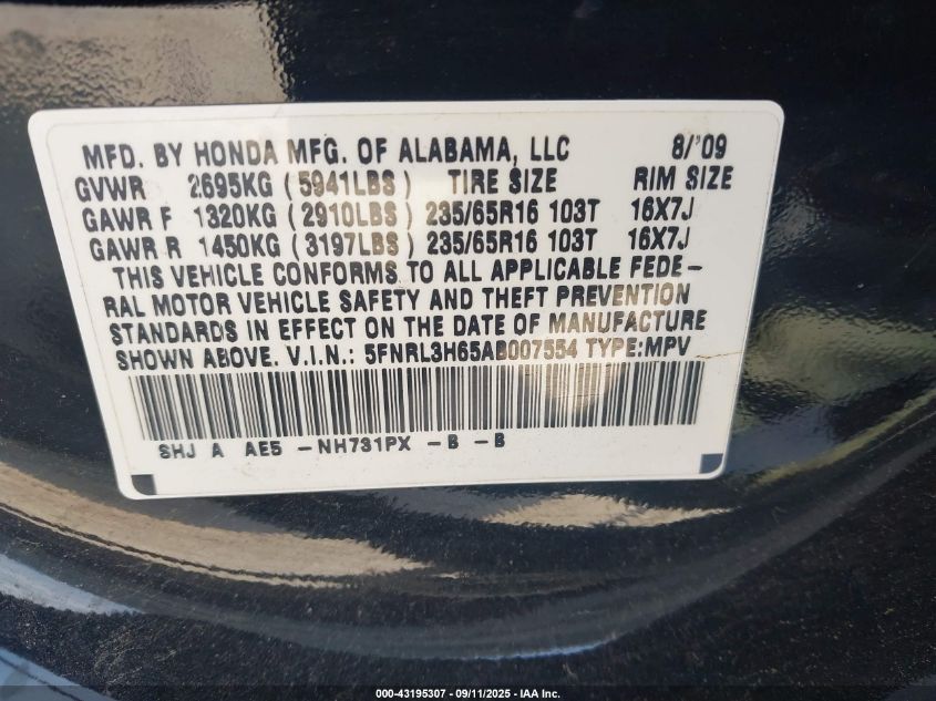 2010 Honda Odyssey Ex-L VIN: 5FNRL3H65AB007554 Lot: 43195307