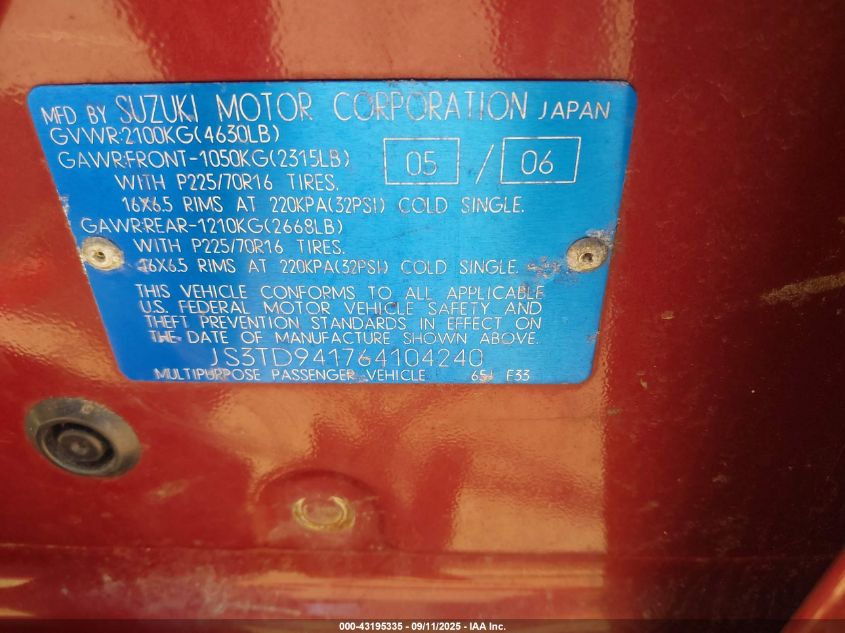 2006 Suzuki Grand Vitara VIN: JS3TD941764104240 Lot: 43195335