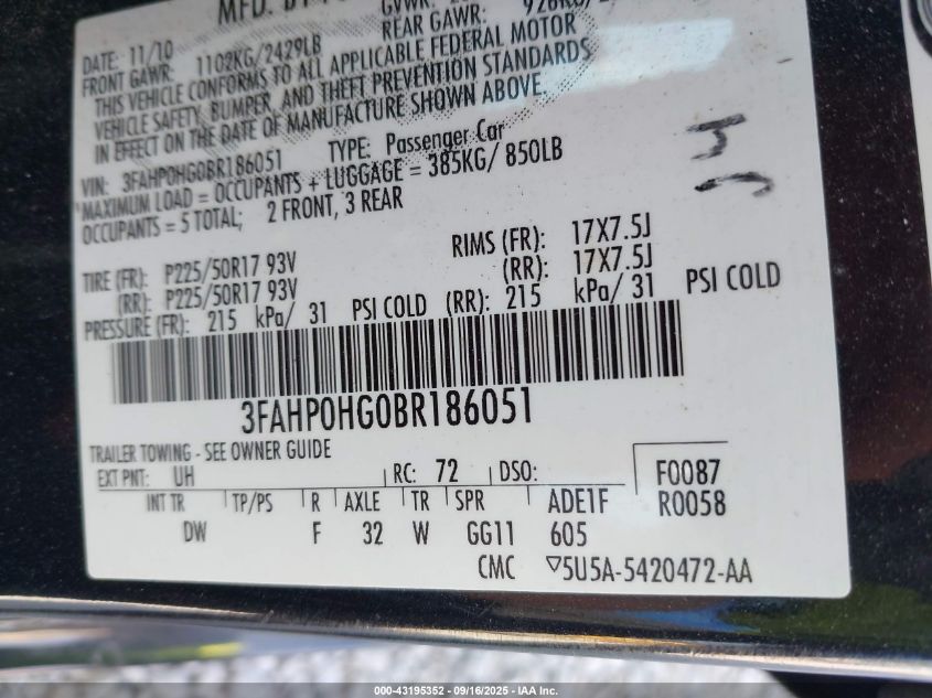 2011 Ford Fusion Se VIN: 3FAHP0HG0BR186051 Lot: 43195352