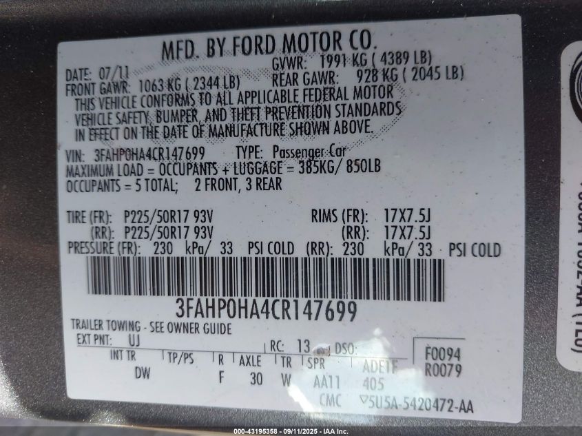 2012 Ford Fusion Se VIN: 3FAHP0HA4CR147699 Lot: 43195358