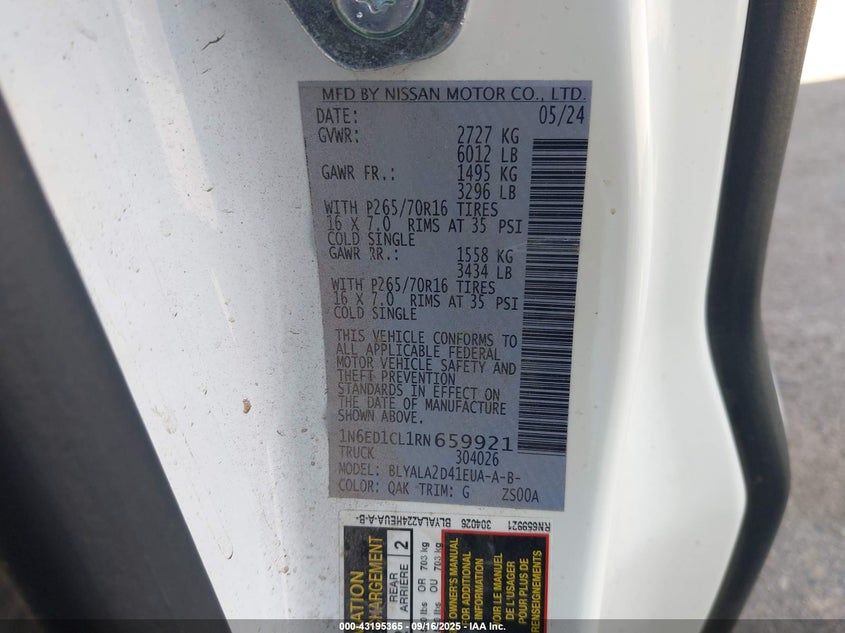 2024 NISSAN FRONTIER KING CAB S 4X2 - 1N6ED1CL1RN659921