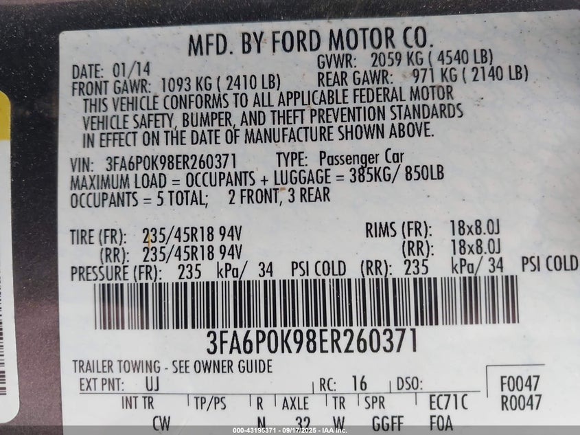 2014 Ford Fusion Titanium VIN: 3FA6P0K98ER260371 Lot: 43195371