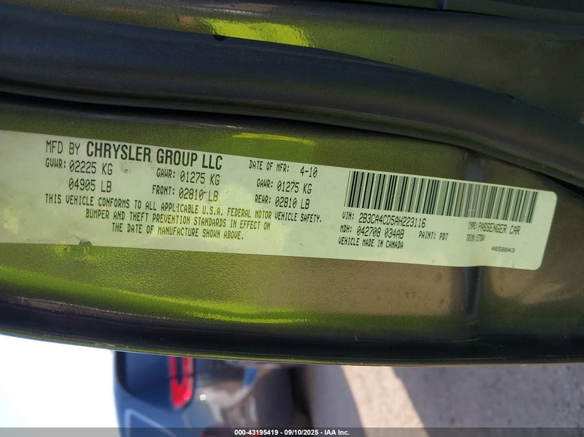 2010 Dodge Charger VIN: 2B3CA4CD5AH223116 Lot: 43195419