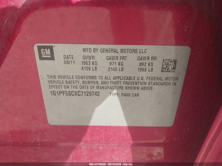 2012 Chevrolet Cruze 1Lt VIN: 1G1PF5SCXC7129742 Lot: 43195430