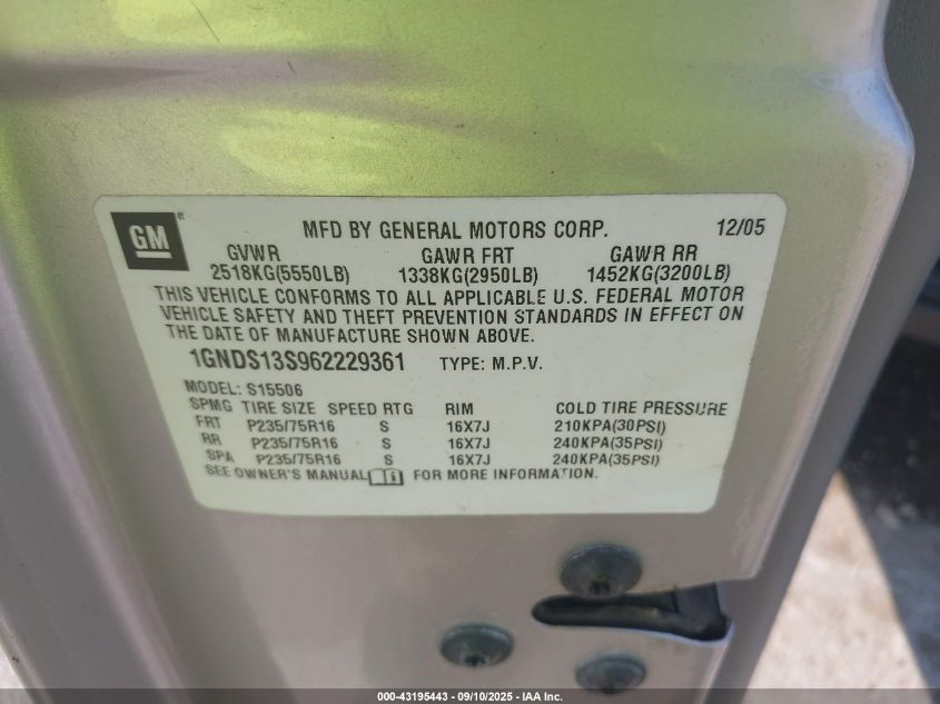 2006 Chevrolet Trailblazer Ls VIN: 1GNDS13S962229361 Lot: 43195443