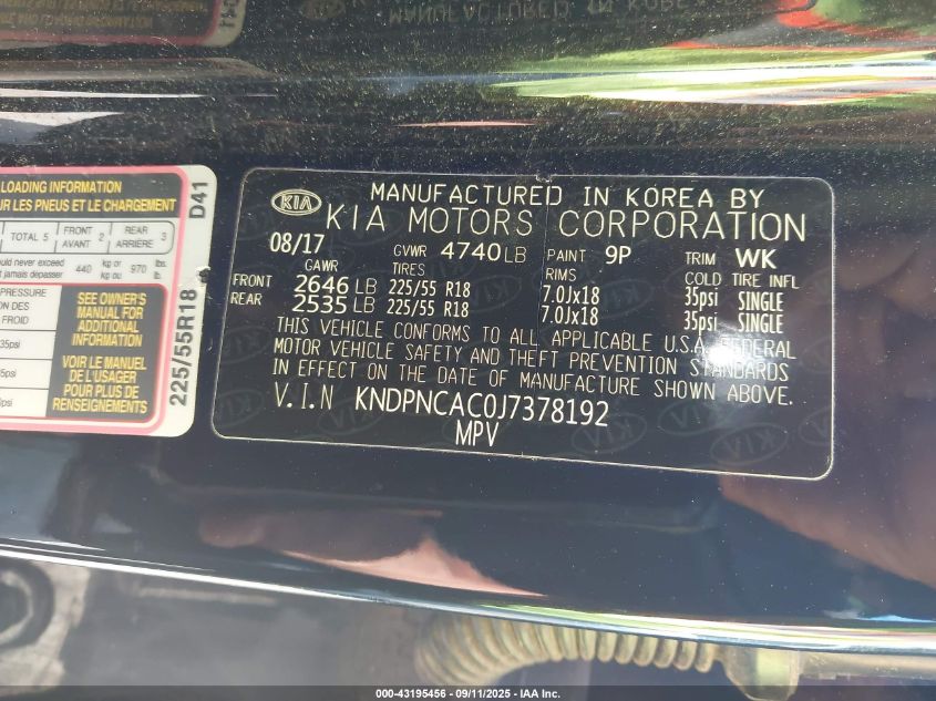 2018 Kia Sportage Ex VIN: KNDPNCAC0J7378192 Lot: 43195456