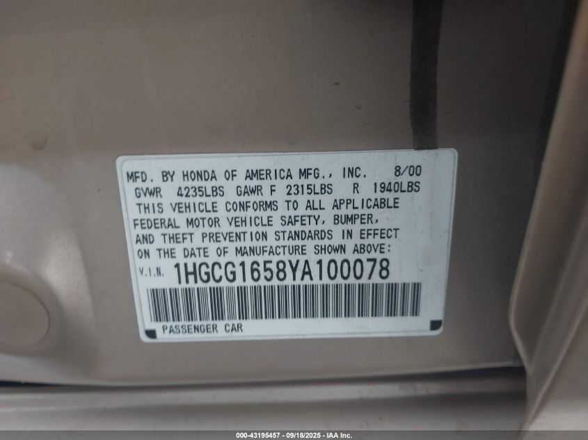 2000 Honda Accord 3.0 Ex VIN: 1HGCG1658YA100078 Lot: 43195457